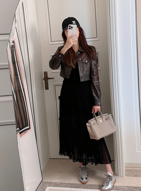 RUBBIT新品 优选'私服'重工扎染绵羊皮 正肩小短款皮衣外套女