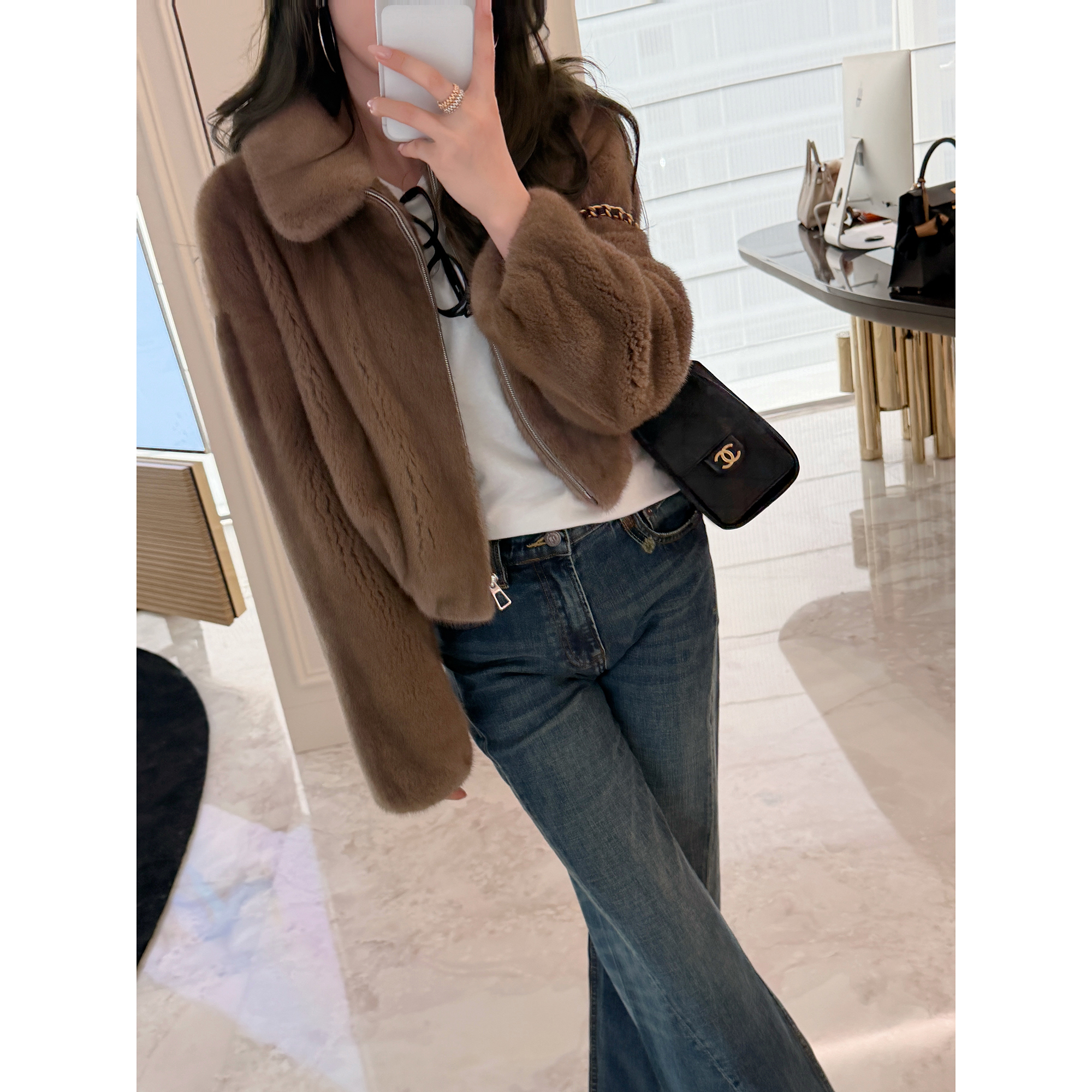 RUBBIT  高奢系列 翻领小短款进口水貂外套 棕咖本色