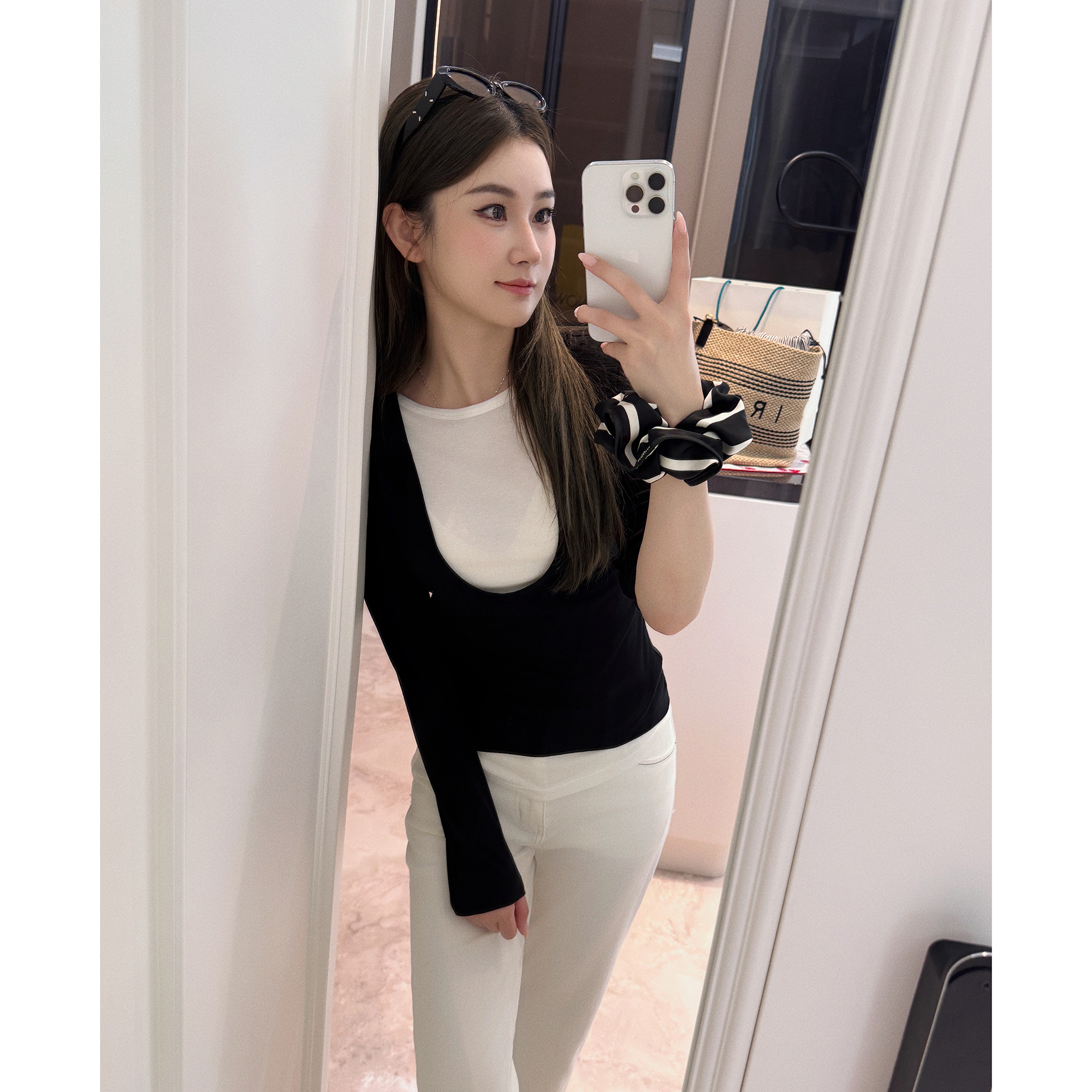 RUBBIT新品 百搭时髦U领黑白假两件长袖T恤上衣女 柔软天丝棉