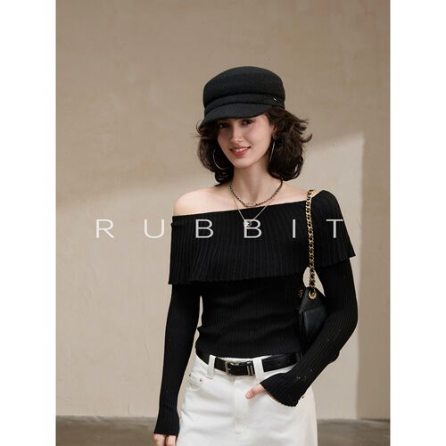 RUBBIT CHIC小心机一字肩露肩锁骨上衣 修身显瘦小众设计长袖针织