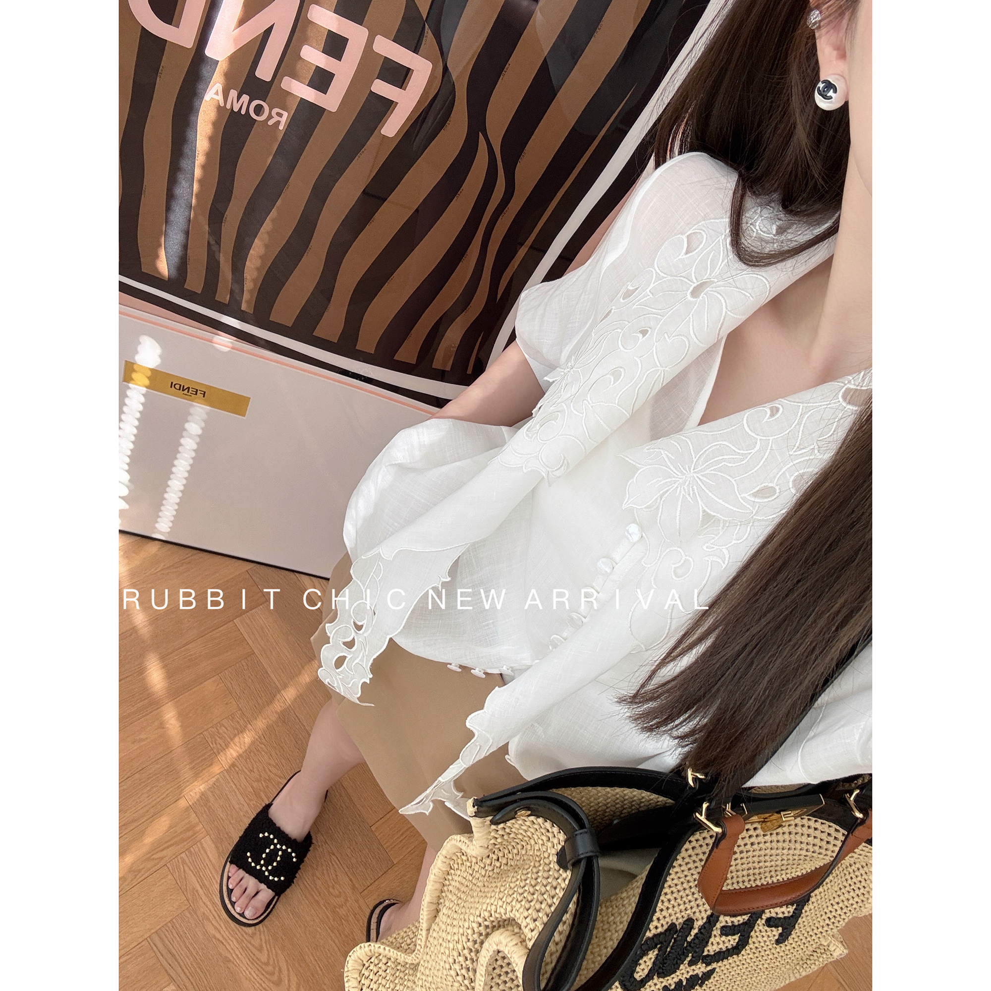 RUBBIT夏日新品 精品重工刺绣 防晒亚麻中袖薄款衬衫女显瘦遮肉