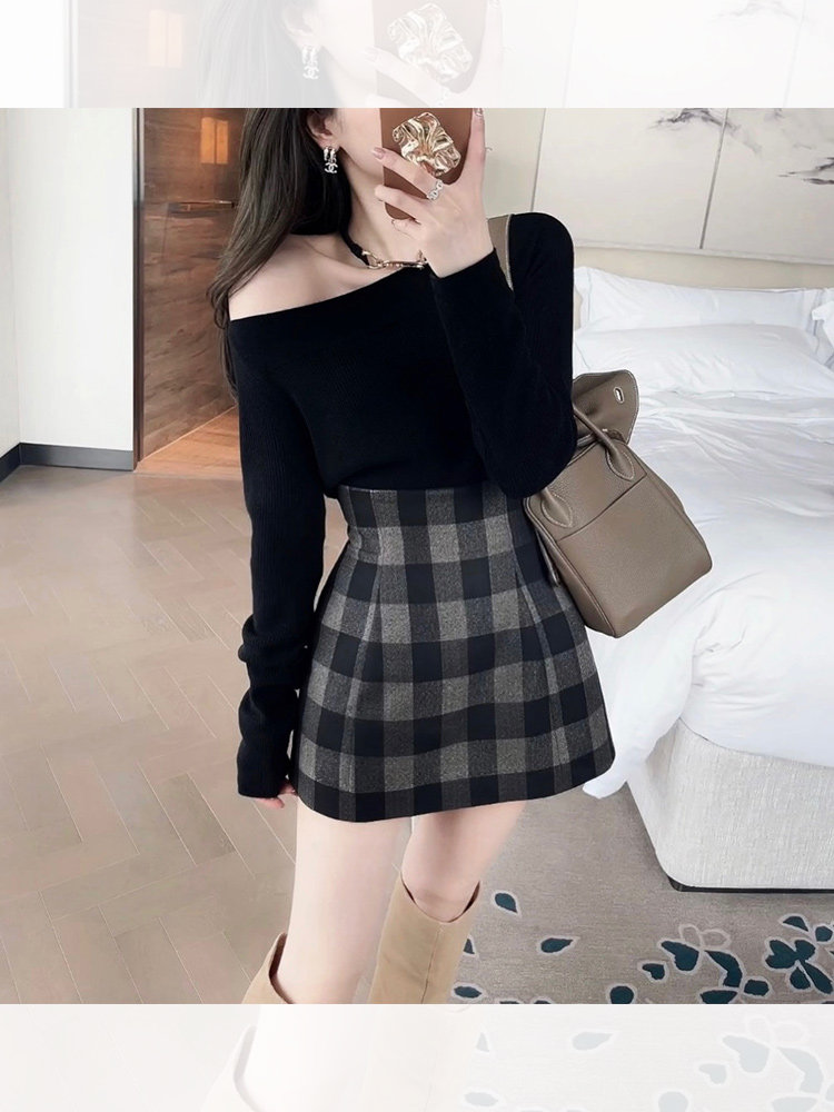 Rubbit Classic Upgraded Culottes Super High Waisted Wool Suiting Plaid Skirt Anti-Closing