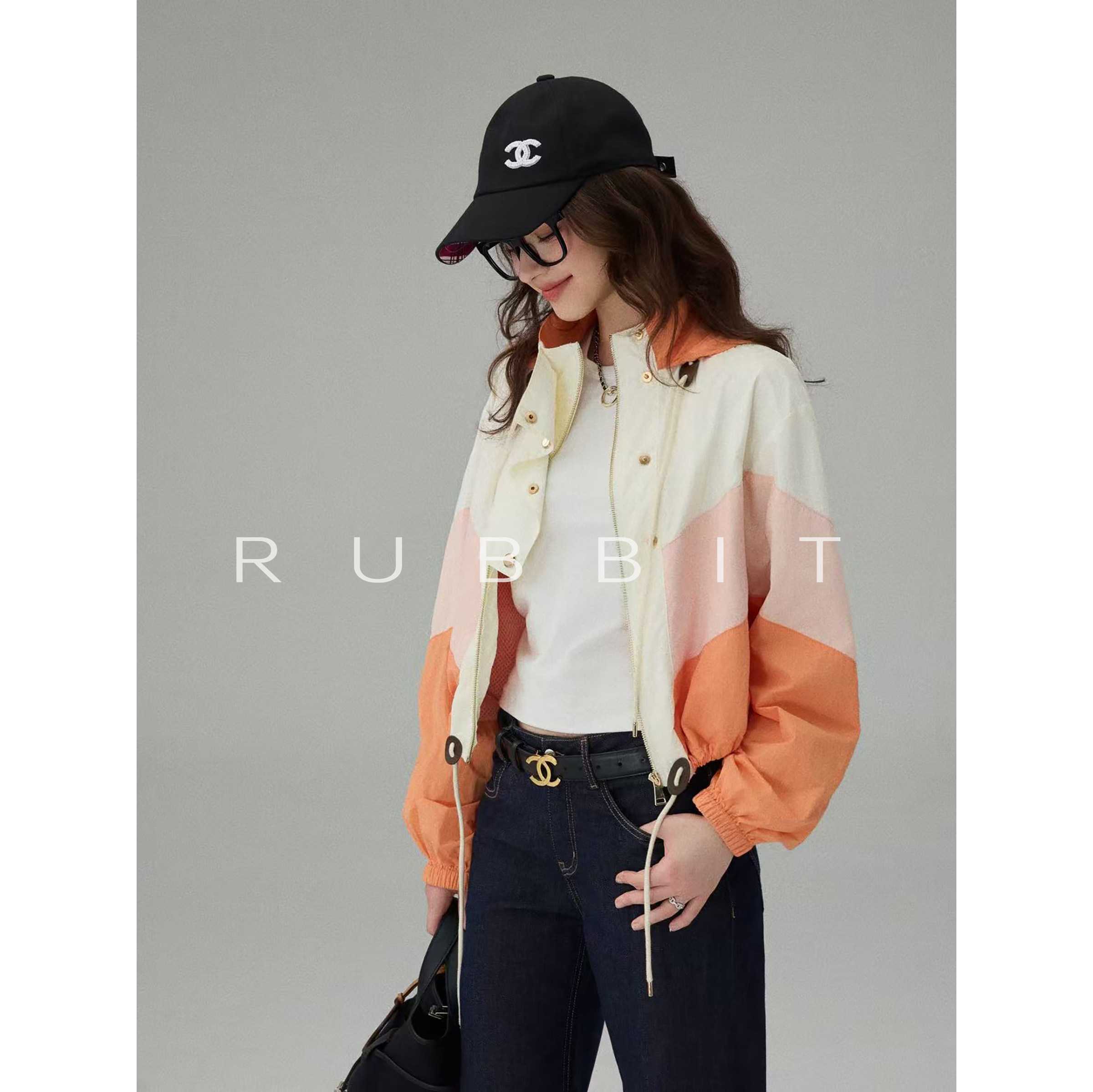 RUBBIT CHIC早秋多巴胺撞色拼接短外套 收腰抽绳休闲防晒连帽夹克图片