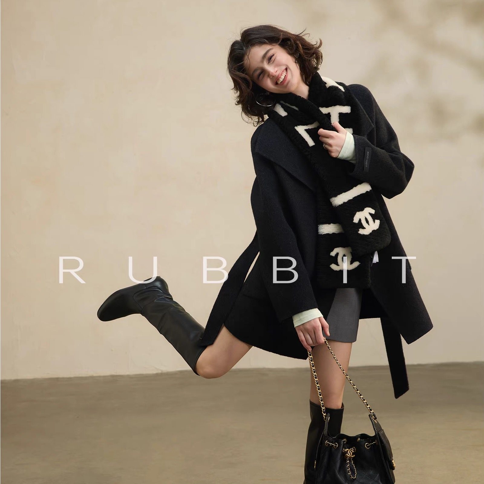 RUBBIT 牦牛绒贵妇级时髦 经典腰带双面呢 中长款大衣外套