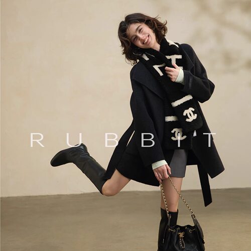RUBBIT 牦牛绒贵妇级时髦 经典腰带双面呢 中长款大衣外套