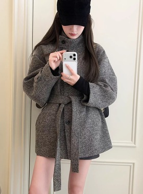 RUBBIT CHIC定制意式手工斜纹羊毛精纺毛呢腰带大衣 温暖气质外套