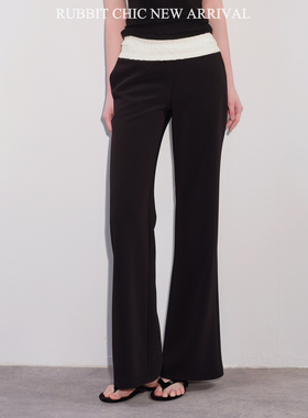 RUBBIT 精致花边撞色高腰醋酸微喇显腿长休闲裤 通勤垂感显瘦长裤