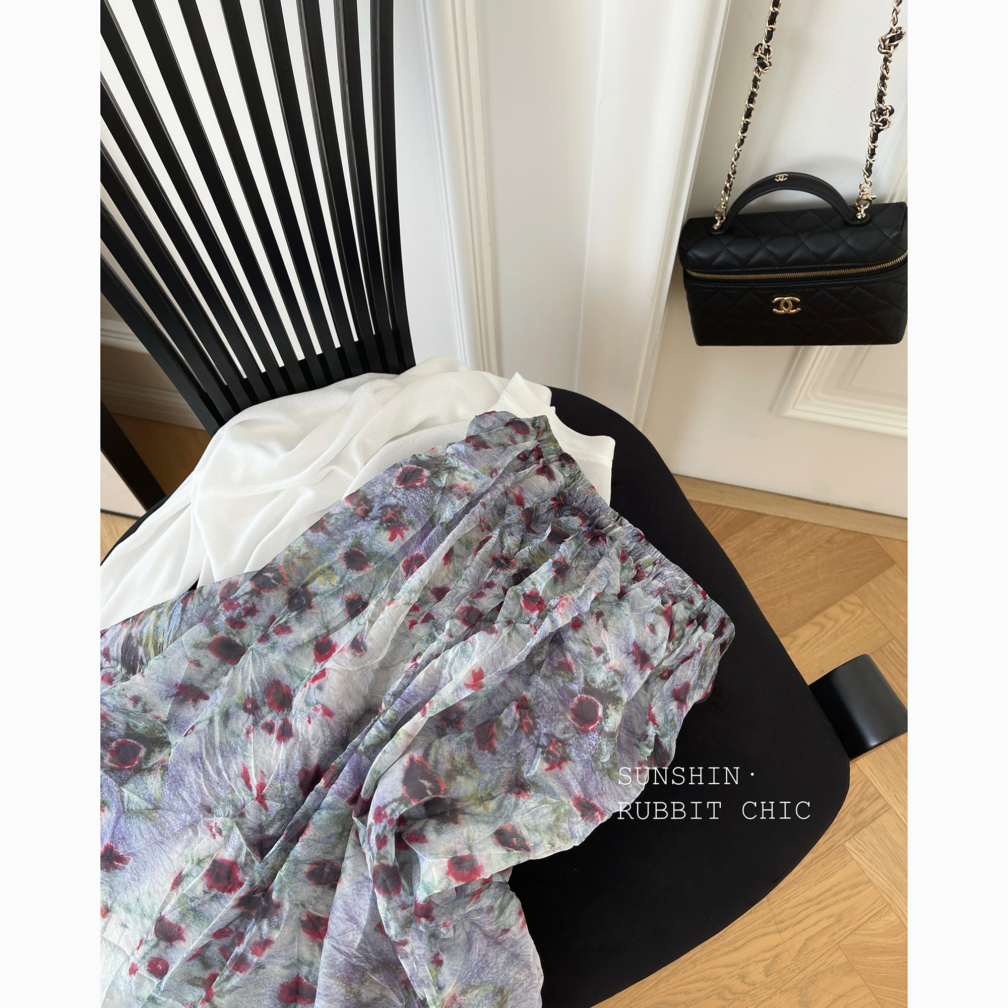 RUBBIT夏日新品 自带滤镜感油画纱裙 松紧高腰中长款半裙轻薄灵动