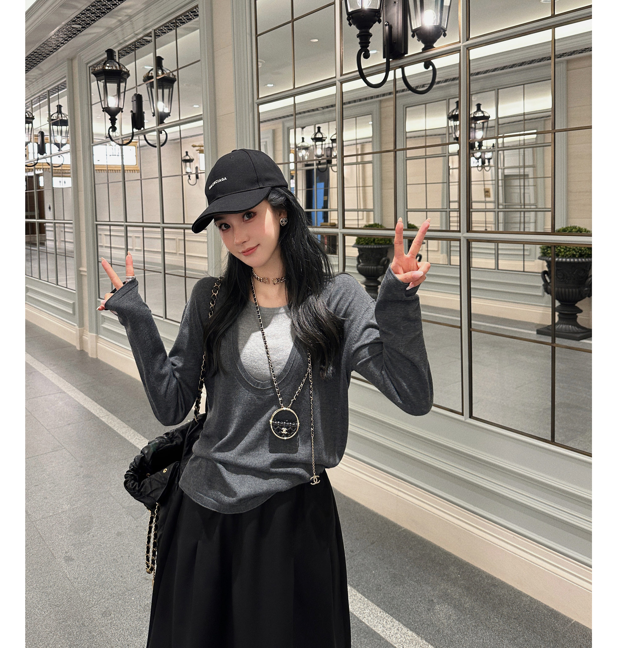 慵懒感假两件浅灰撞色长袖针织