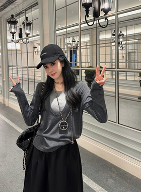 RUBBIT气质耐穿~宽松慵懒感假两件浅灰撞色长袖针织上衣女