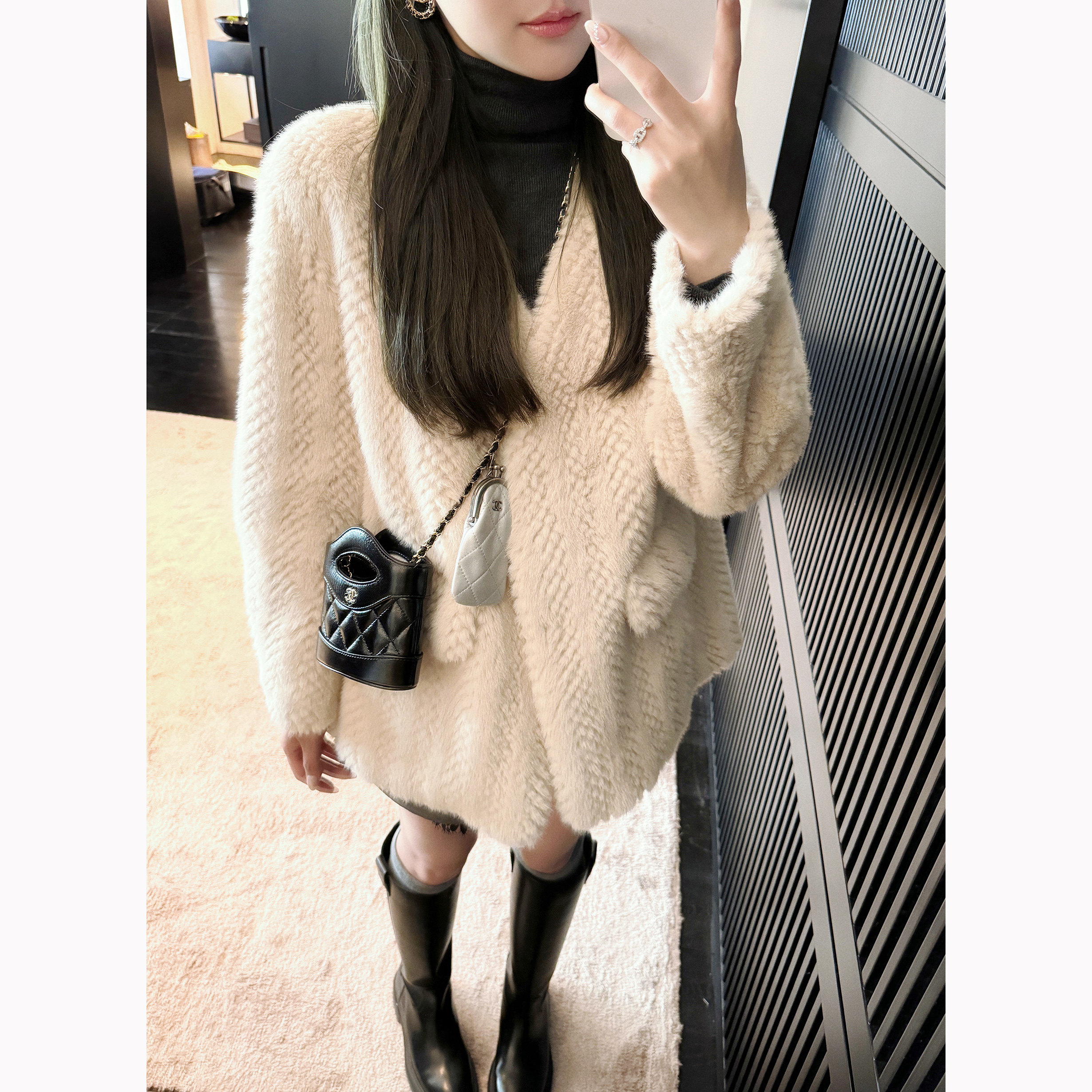 RUBBIT冬季新品 质感一绝 羊绒水貂毛西装中长款皮草外套女减龄