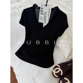 RUBBIT CHIC细节感拉满~木耳花边深V短袖T恤 显瘦收腰上衣女