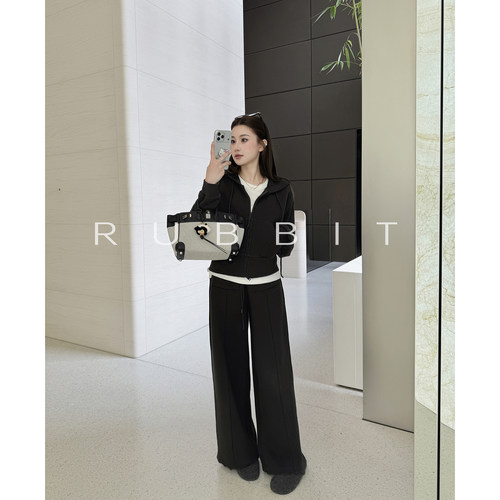 RUBBUT CHIC慵懒舒适运动卫衣套装女 连帽开衫卫衣/休闲直筒长裤
