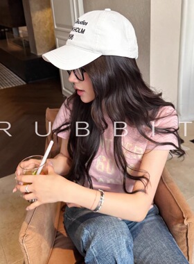 RUBBIT CHIC 显白雾霾粉美式龟裂字母印花纯棉休闲T恤上衣女