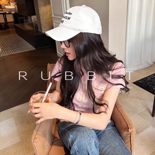 RUBBIT CHIC 显白雾霾粉美式龟裂字母印花纯棉休闲T恤上衣女