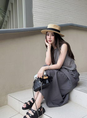 RUBBIT夏新品 买手店合作款 休闲随性 灰色坎肩背心+灰色西装长裙