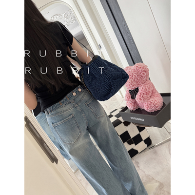 RUBBIT CHIC中低腰阔腿微喇长裤 后腰纽扣提臀显高百搭牛仔裤女