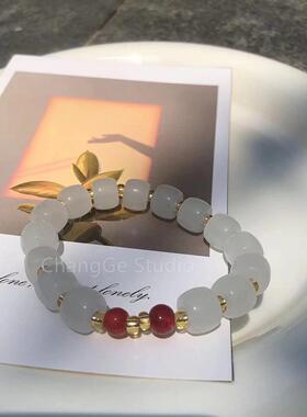 ChangGe Studio 新款仿汉白玉手链几何型镶嵌白色百搭女玉兔民族