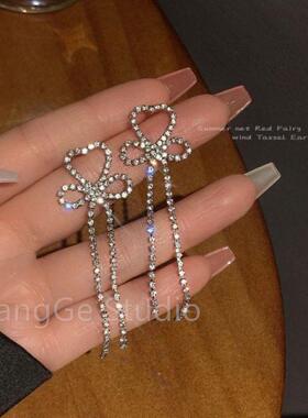 ChangGe Studio 轻奢水钻蝴蝶结流苏耳环女夏季超仙长款耳钉精致