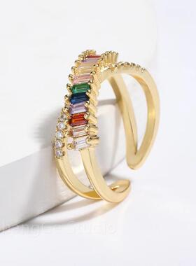 ChangGe Studio 轻奢高级感彩色锆石交叉戒指女个性百搭欧美风时