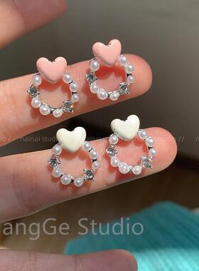 ChangGe Studio 粉色爱心耳钉~珍珠甜美少女心芭蕾风耳环2025新款
