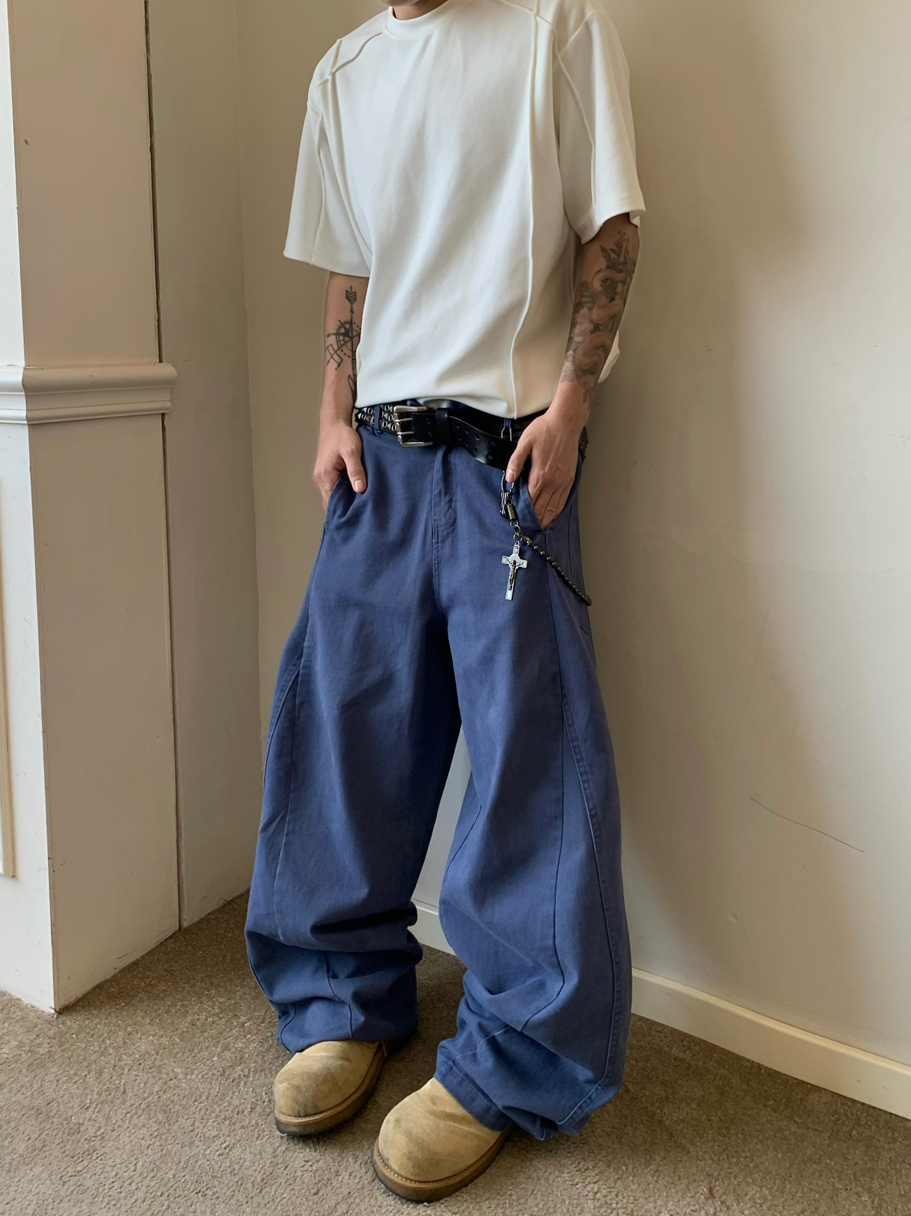 thumbnail for Uekk "magic blue" Vintage washed and worn loose baggy scimitar wide-leg lumberjack pants men