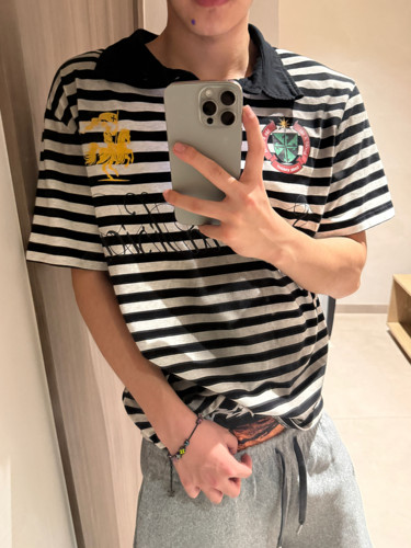 喷绘条纹小版型翻领POLO衫短袖潮