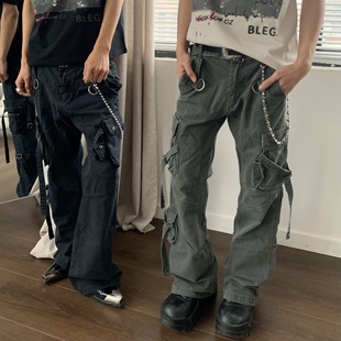 Uekk 美式水洗机能多口袋工装休闲裤微喇重工绑带炮弹裤vibe男潮