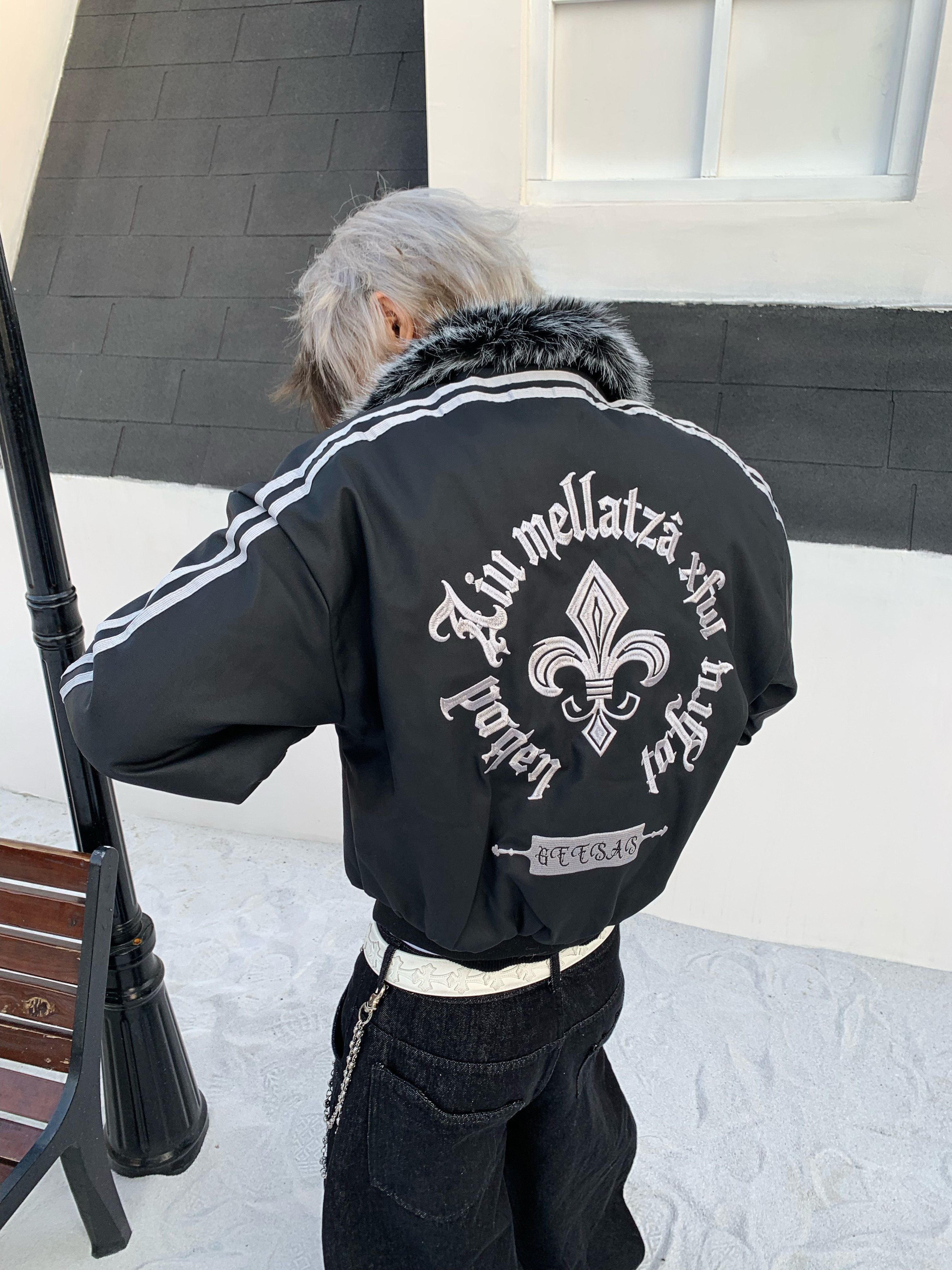 「Ueshima」*军花刺绣*毛领座山雕棉服皮衣外套加厚夹棉棒球服男