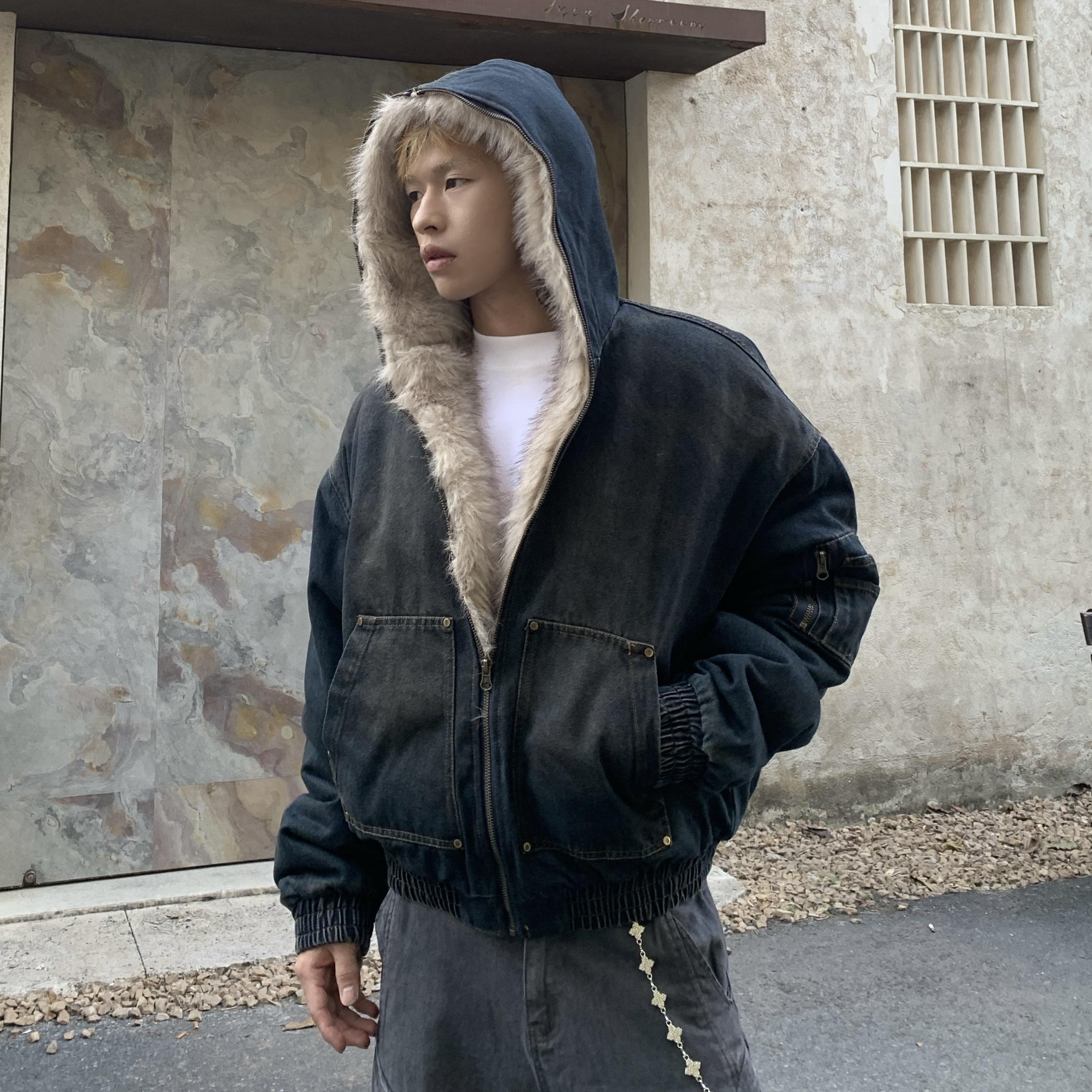 Uekk冬季加厚毛绒座山雕棉服外套