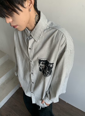 Ueshima复古黑白条纹印花衬衫男