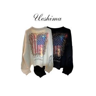 「Ueshima」*豹纹海军蓝旗帜开衫毛衣*Vintage保暖针织衫外套