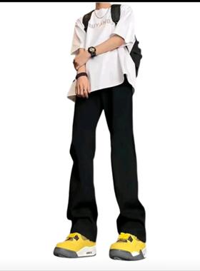 美式筒阔腿微喇中腰水洗做旧牛仔长裤潮流休闲长裤