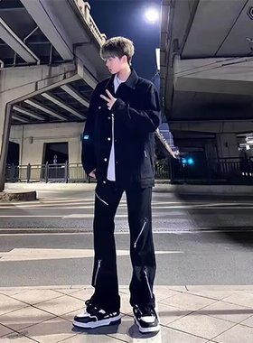 2024ss美式拉链阔腿牛仔裤FYXG-YL27007黑色休闲