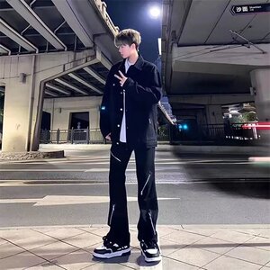 2024ss美式拉链阔腿牛仔裤FYXG-YL27007黑色休闲