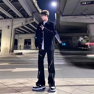 YL27007黑色休闲 FYXG 2024ss美式 拉链阔腿牛仔裤