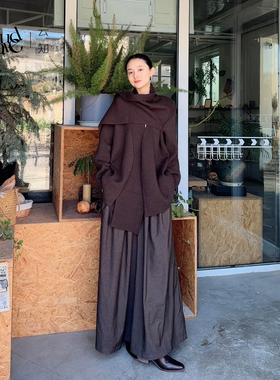 云知2025年新款毛呢外套女围脖加厚针织毛呢超好看斗篷式长袖大衣