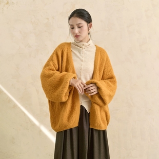 云知加厚毛衣针织开衫女外套橘色毛绒长款上衣秋冬款巨好看的衬衫