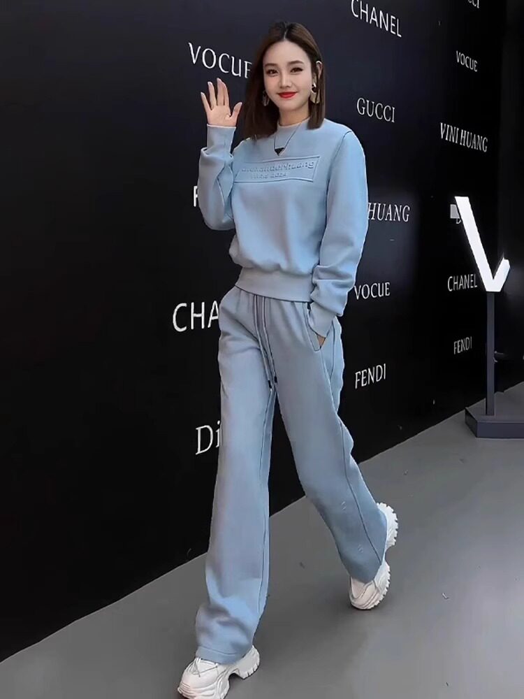 여성을 위한 순면 스포츠 및 레저 정장 한국어 버전 루즈하고 슬림하며 패셔너블하고 패셔너블하며 인터넷 연예인 인기 봄 스웨트 셔츠 투피스 세트