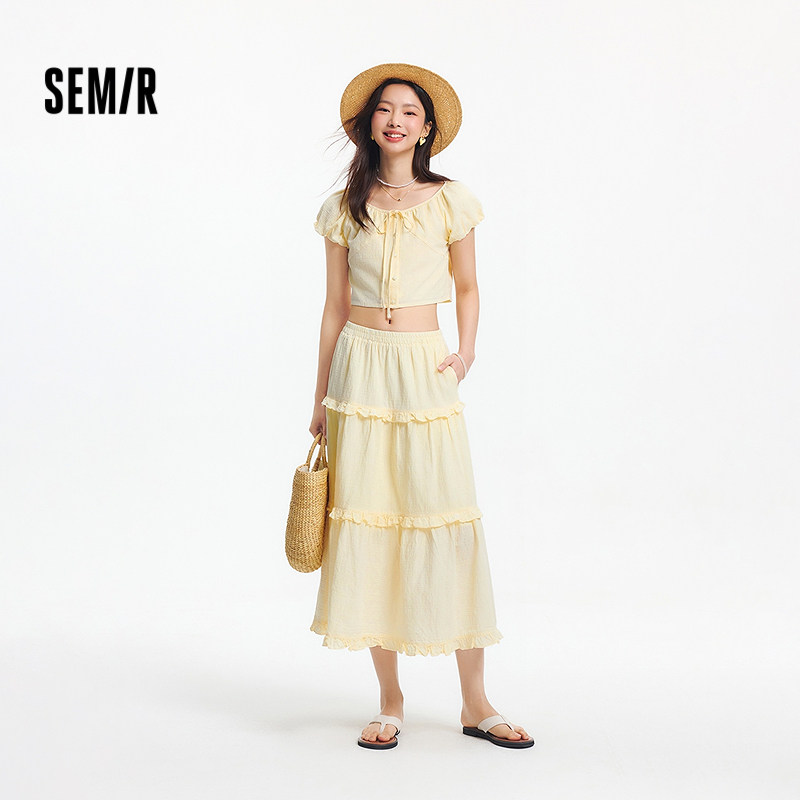 森马套装女大圆领短上衣木耳边蛋糕裙2025新款夏季肌理两件套法式,户外/登山/野营/旅行用品,户外休闲衣,淘宝优惠券,粉丝福利购,淘宝优惠卷