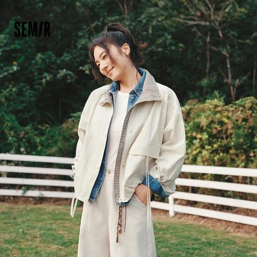 森马拼接格子oversize花苞外套女