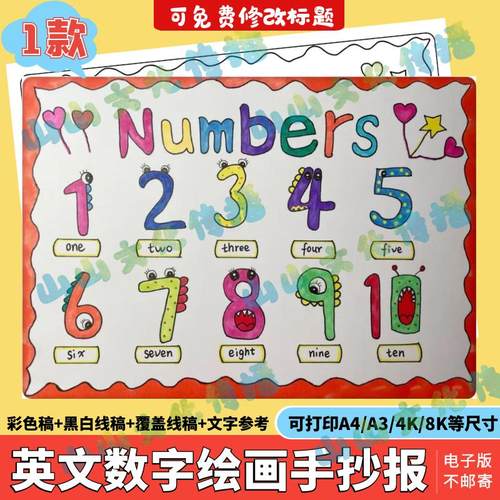 number英语数字手抄报电子模版英语三年级六单元数字绘画小报线稿