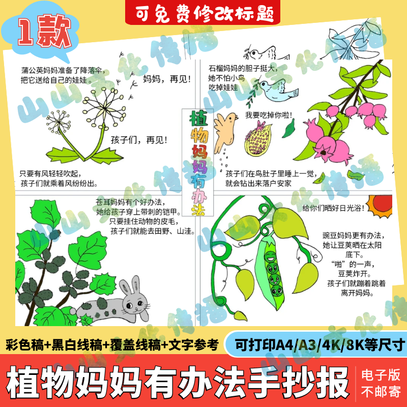 植物妈妈有办法手抄报绘画蒲公英豌豆苍耳石榴连环画模版电子版