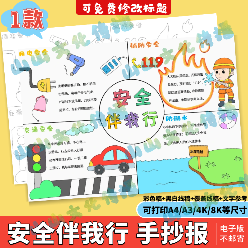 安全伴我行四格画连环画手抄报模版电子版防溺水交通消防用电安全