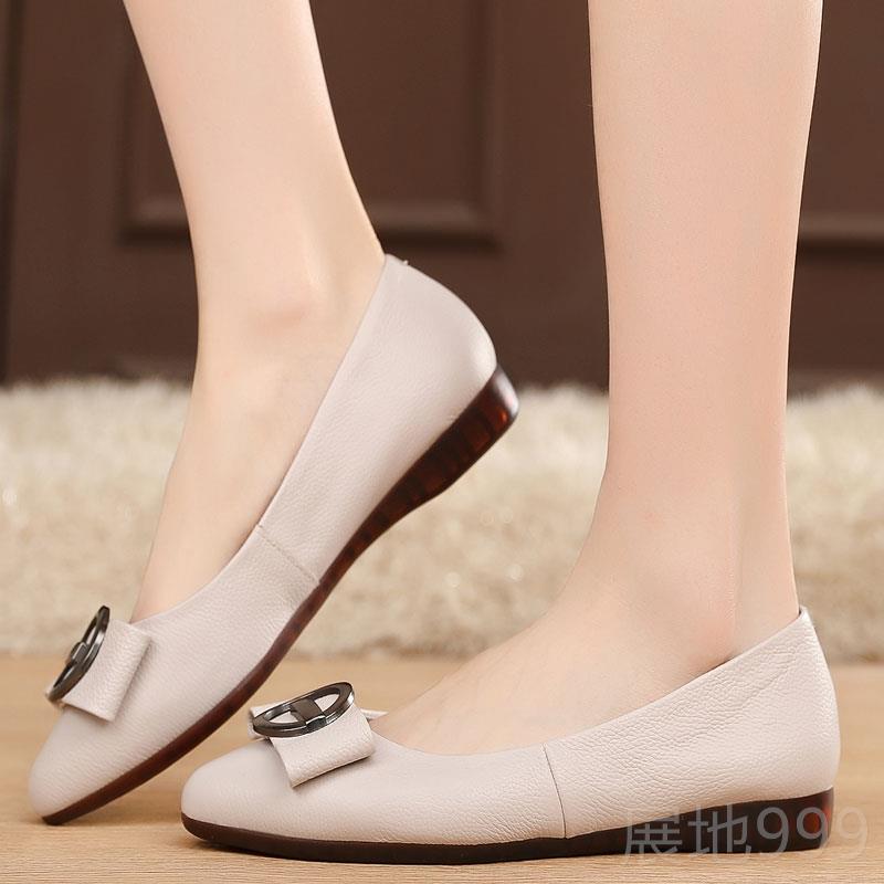 高档平跟鞋女春4季新款平底鞋真皮女士鞋子口圆头大码单女鞋1妈浅