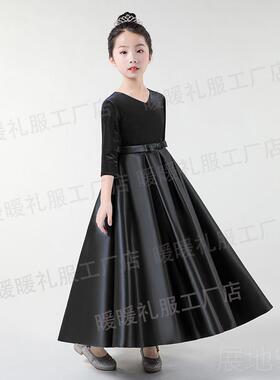 高档小袖公学生黑色长女童晚礼服服钢琴演出主裙小提琴演奏秋冬乐