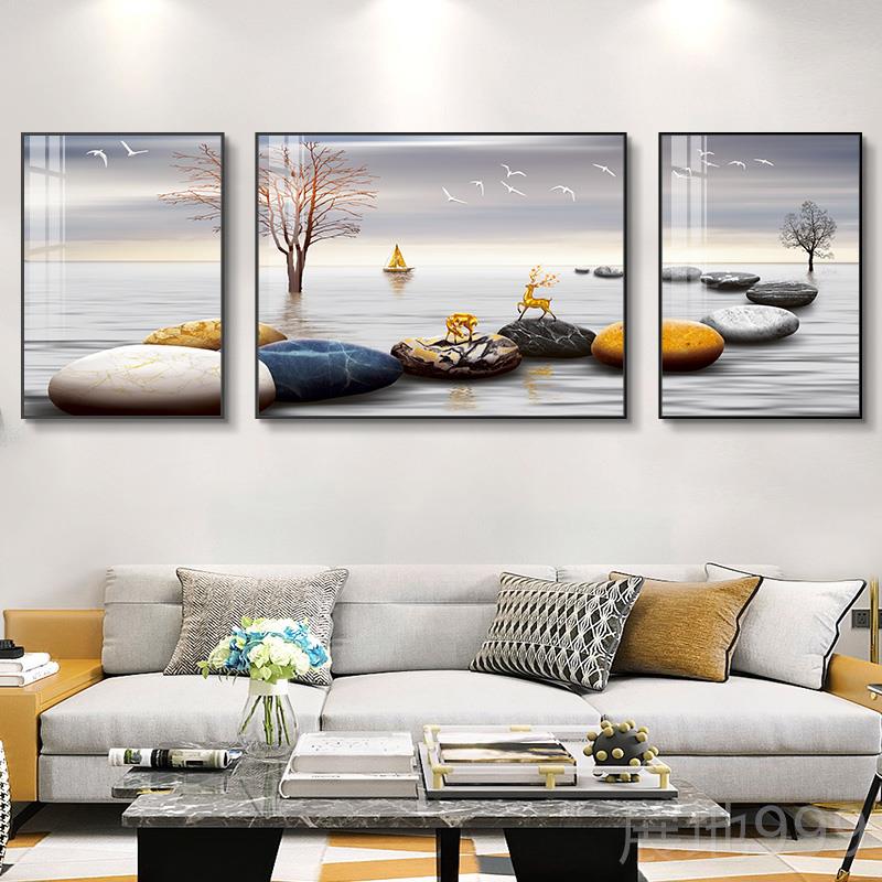 高档福鹿聚财厅挂画北欧约三联壁画高客档大气墙沙简发背景墙画装