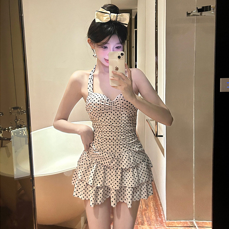 露背泳衣女款复古波点温泉甜美裙保守显瘦遮肚连体纯欲新款泳装