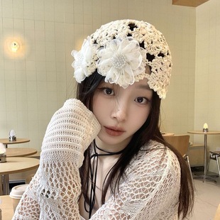 日系薄款 新款 手工钩针编织堆堆帽女春夏蕾丝花朵时髦包头帽子