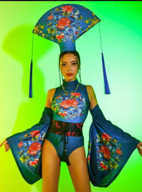 酒吧GOGO蓝色中国风走秀连体衣新款DS演出服装性感女BGO跳舞套装